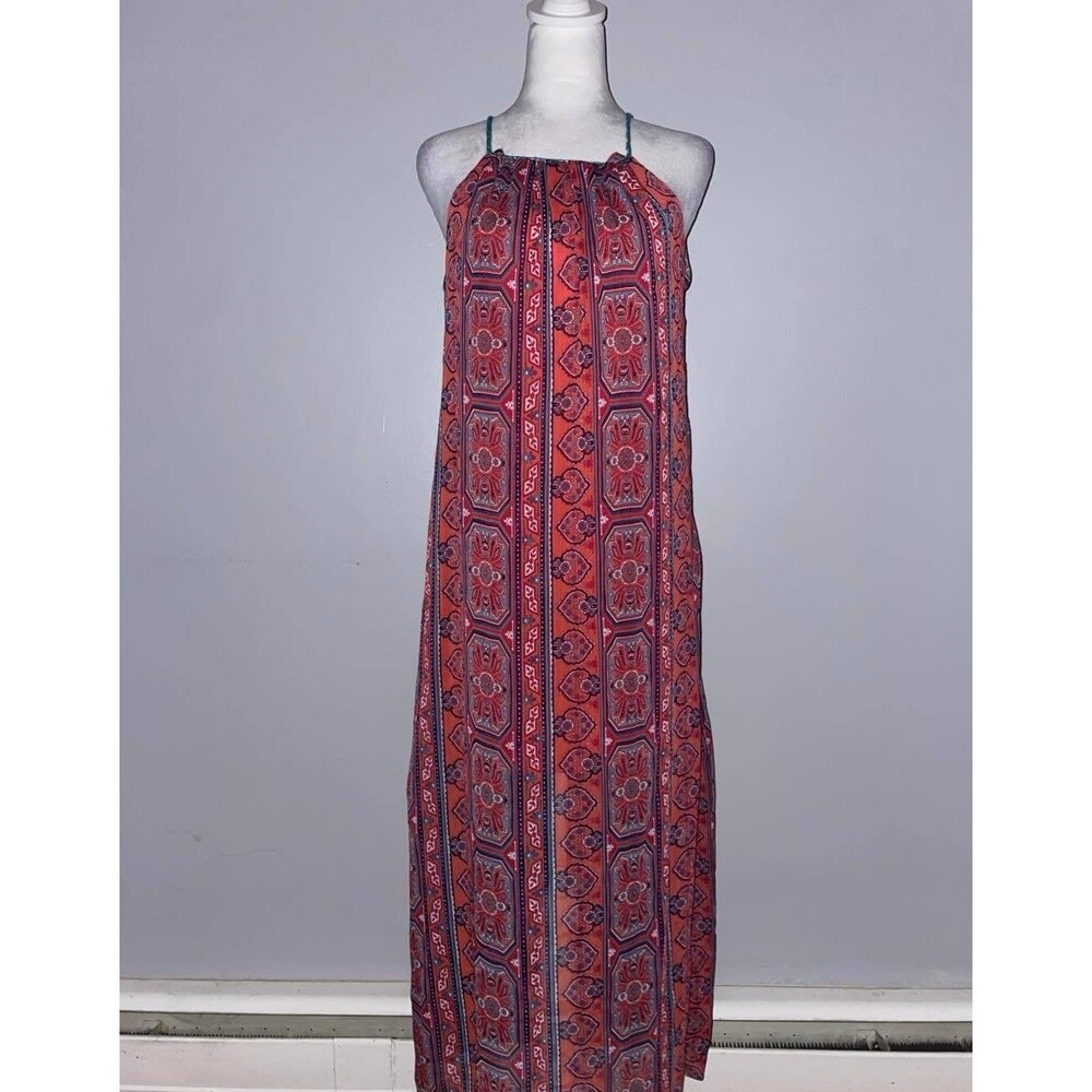 Xhilaration Boho Maxi Dress XS Red Orange Teal Medallion Braided Straps